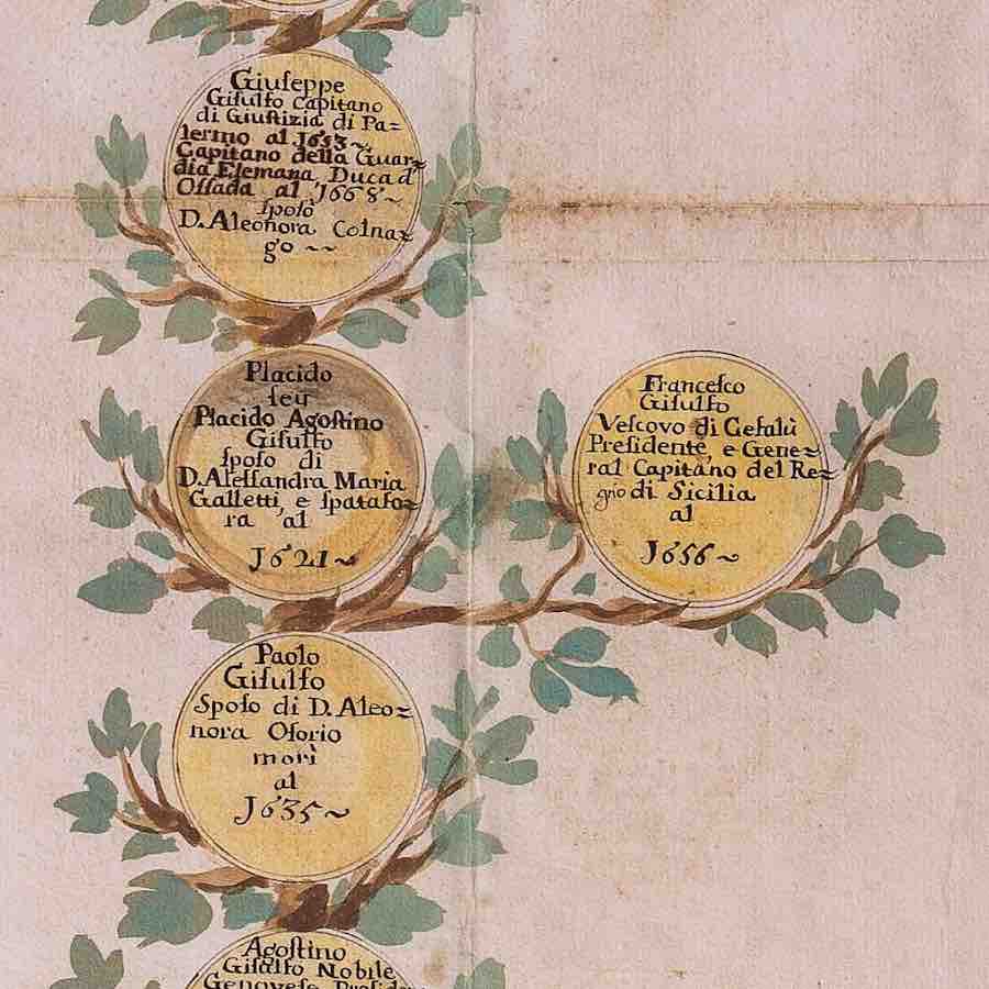 Genealogical tree of the Gisulfo family, Palazzo Falson (<a href='https://w3id.org/vhmml/readingRoom/view/132857'>PFM 00019</a>)
